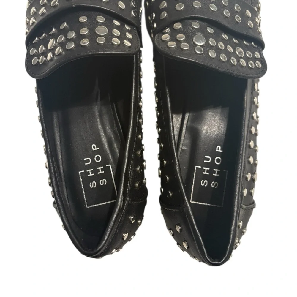🖤 NWT Shu Shop Titina Black Studded Loafers Womens Size 6.5 New Edgy Modern‎